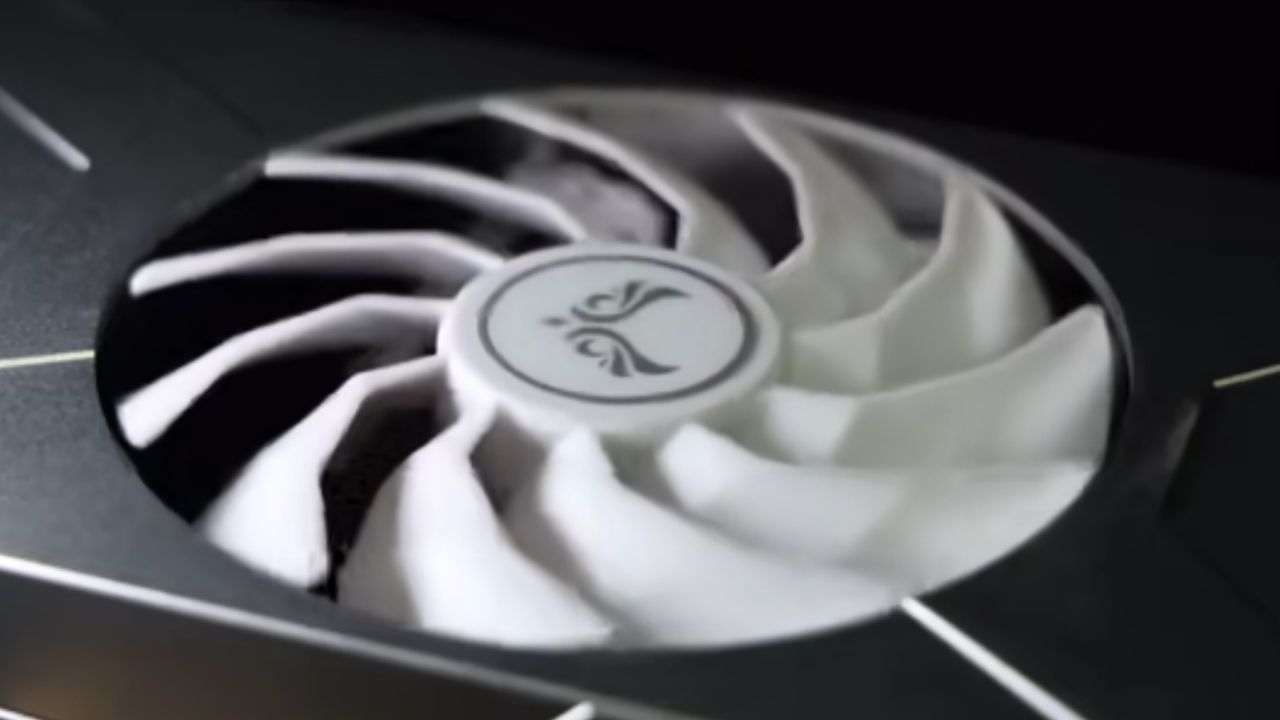 Zephyr RTX 4070 Sakura Snow X SFF graphics card close-up of the fan