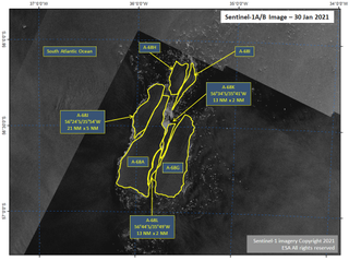 A satellite images shows the disintegration of iceberg A68a