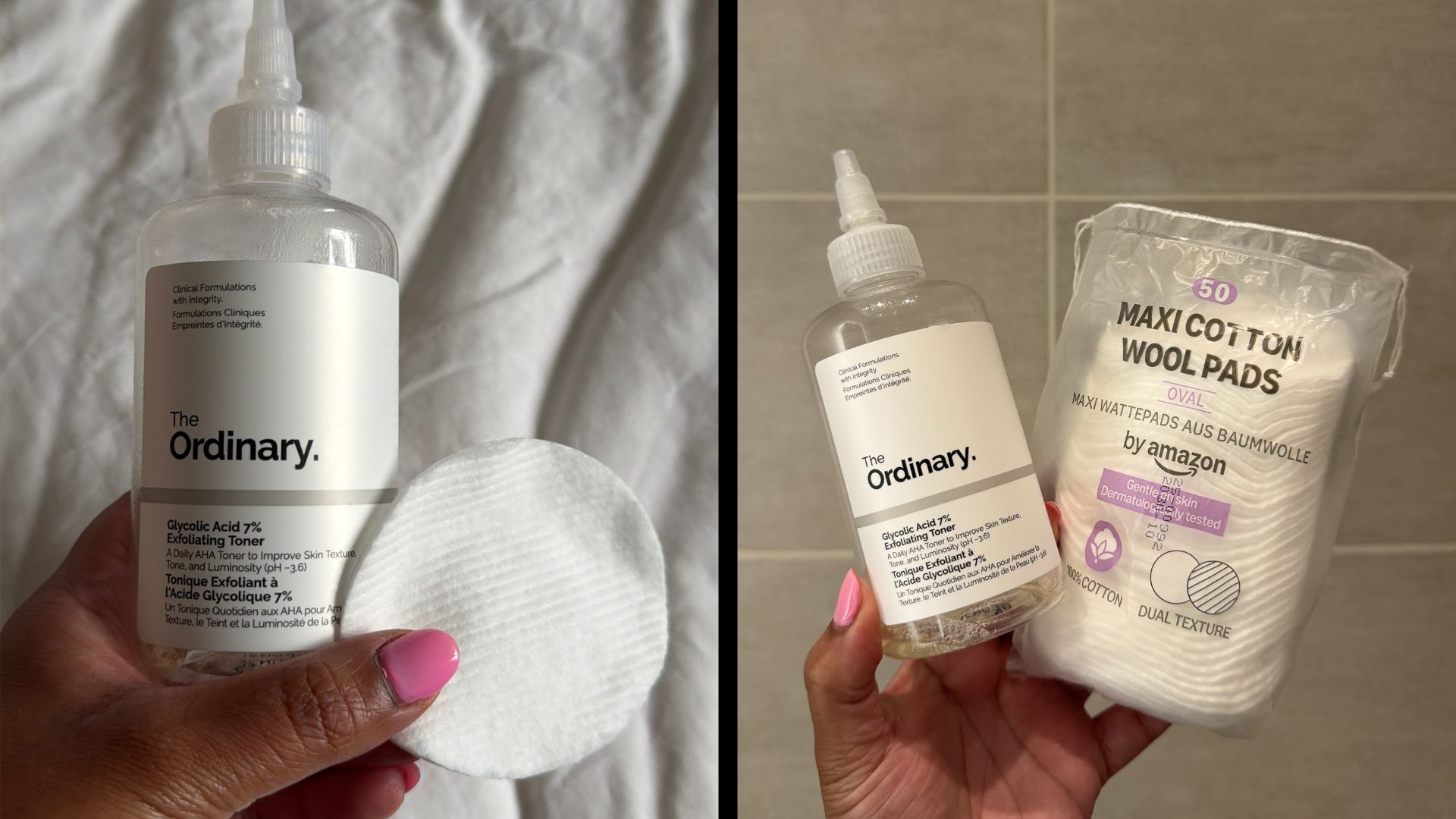 The Ordinary Glycolic Acid 7% Exfoliating Toner with a maxi cotton pad