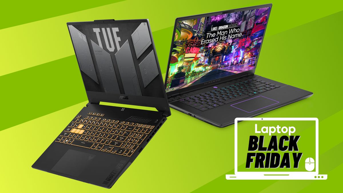 Asus and Alienware laptops on a green Nvidia-themed backdrop with the Laptop Mag Black Friday deals badge in the bottom right corner.