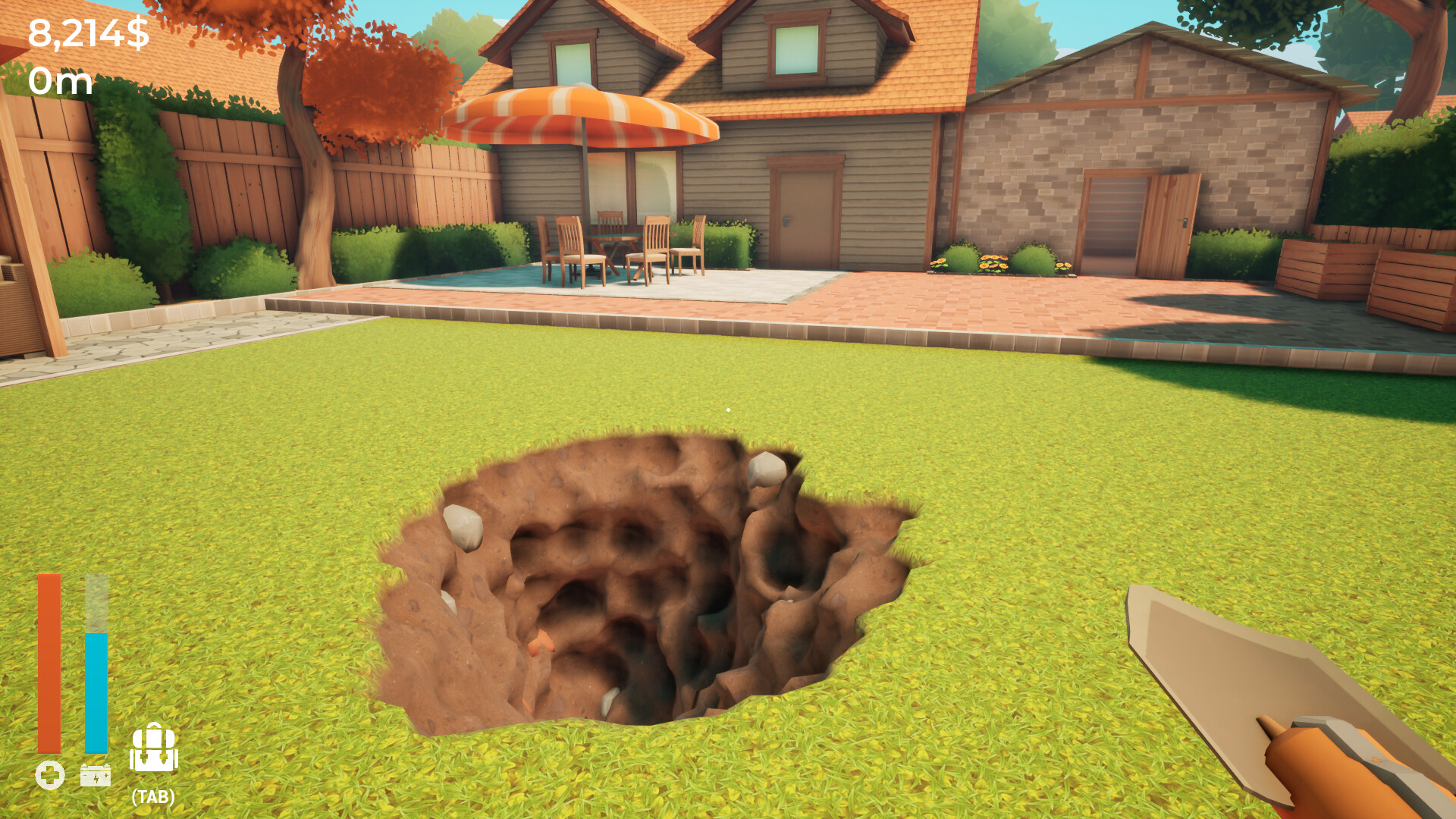 Looking at quite a large hole in a grassy garden in front of a house in A Game About Digging a Hole