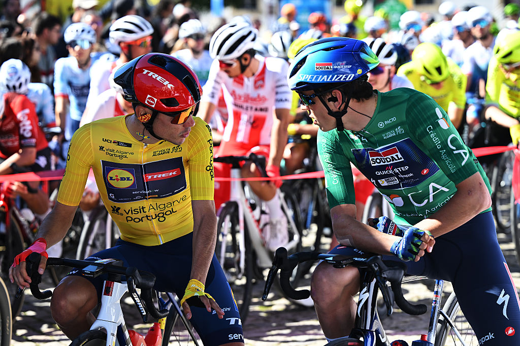 FARO, PORTUGAL - FEBRUARY 22: (L-R) Juan Ayuso of Spain and Team Lidl - Trek - Yellow leader jersey and Paul Magnier of France and Team Soudal Quick-Step - Green Points Jersey prior to the 52nd Volta ao Algarve em Bicicleta 2026, Stage 5 a 148.4km stage from Faro to Malhao - Loule 512m on February 22, 2026 in Faro, Portugal. (Photo by Dario Belingheri/Getty Images)