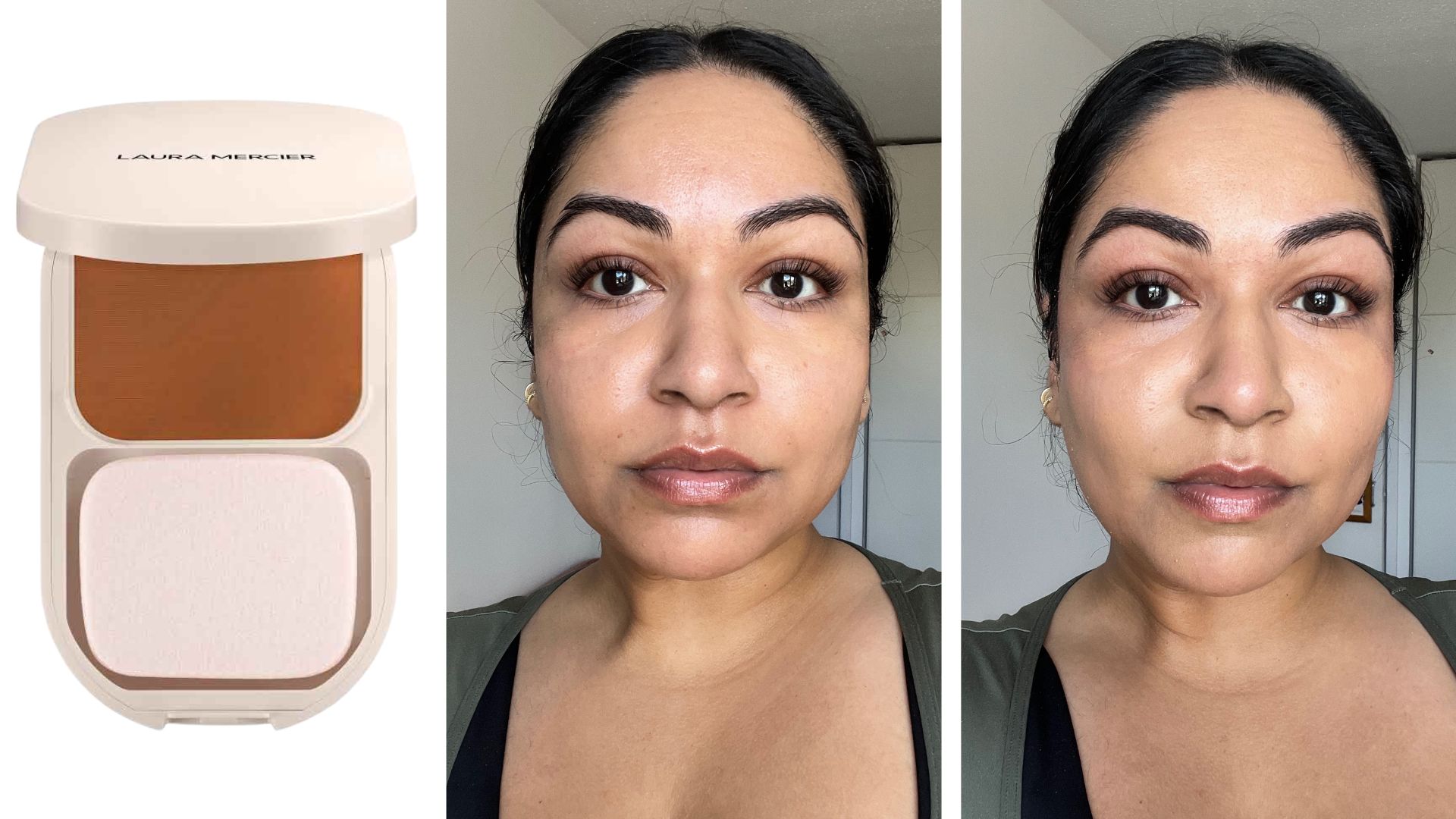 Aleesha Badkar before and after wearing Laura Mercier Real Flawless Feather Matte Powder Foundation