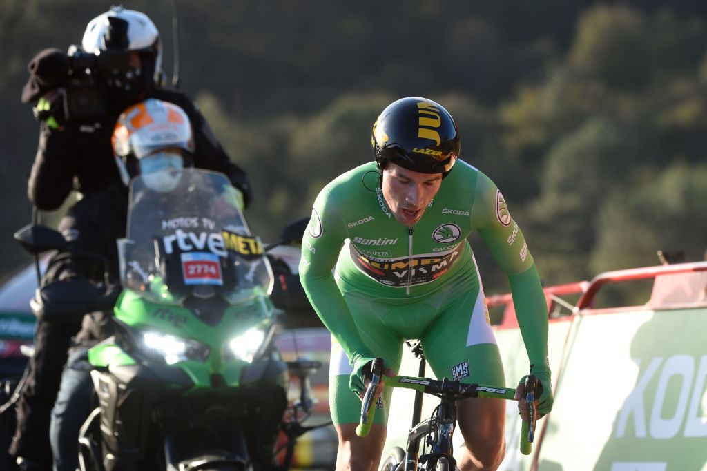 Team Jumbo rider Slovenias Primoz Roglic competes during the 13th stage of the 2020 La Vuelta cycling tour of Spain a 337km individual timetrial from Muros to Mirador de Ezaro Dumbria on November 3 2020 Photo by MIGUEL RIOPA AFP Photo by MIGUEL RIOPAAFP via Getty Images