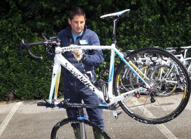 The Team Astana bikes were getting plenty of attention on rest day at the Giro
