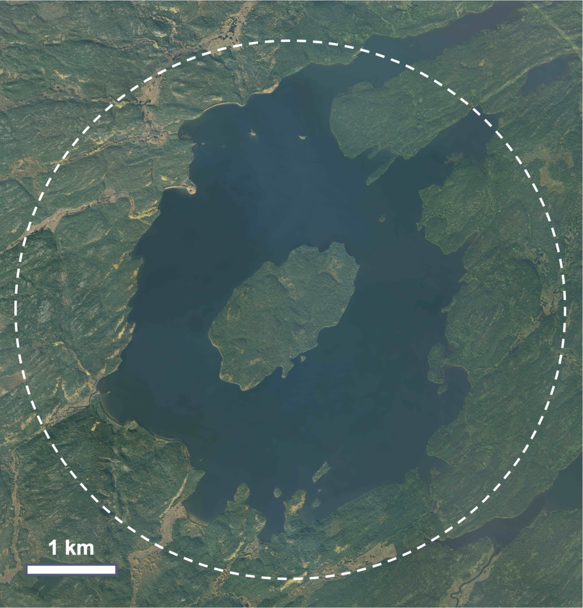 a lake visible from space. a dotted white line surrounds the lake, indicating where a crater is located