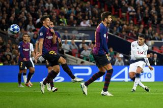 Erik Lamela scores for Tottenham against Barcelona in the Champions League in October 2018.