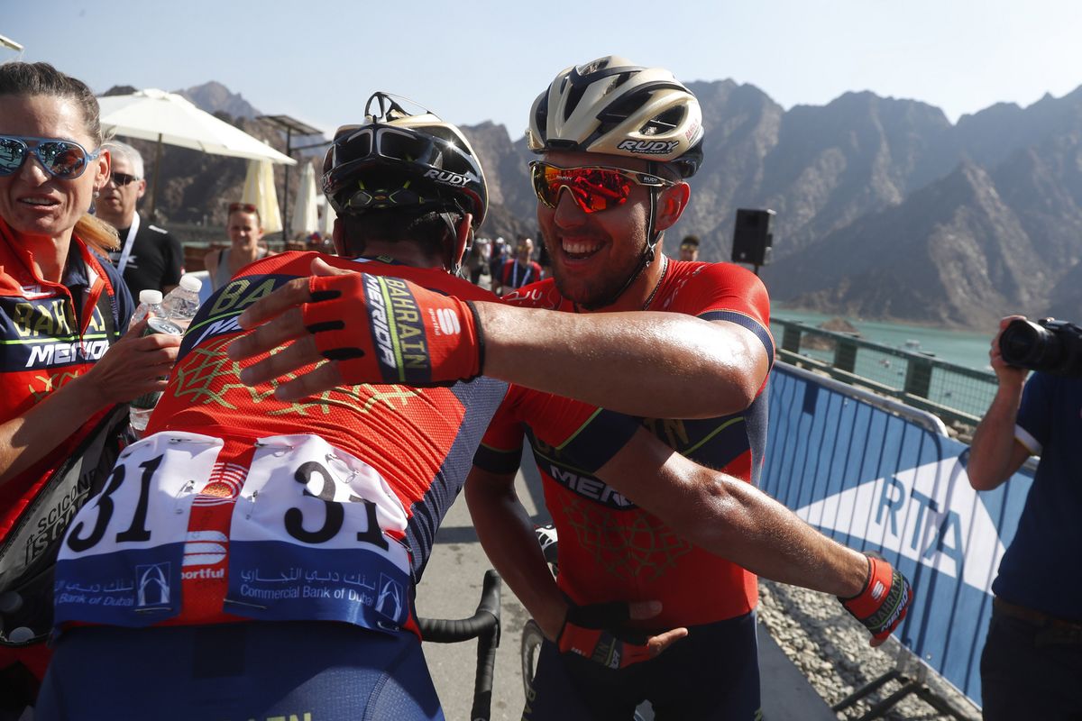 Vincenz Nibali congratulates Sonny Colbrelli