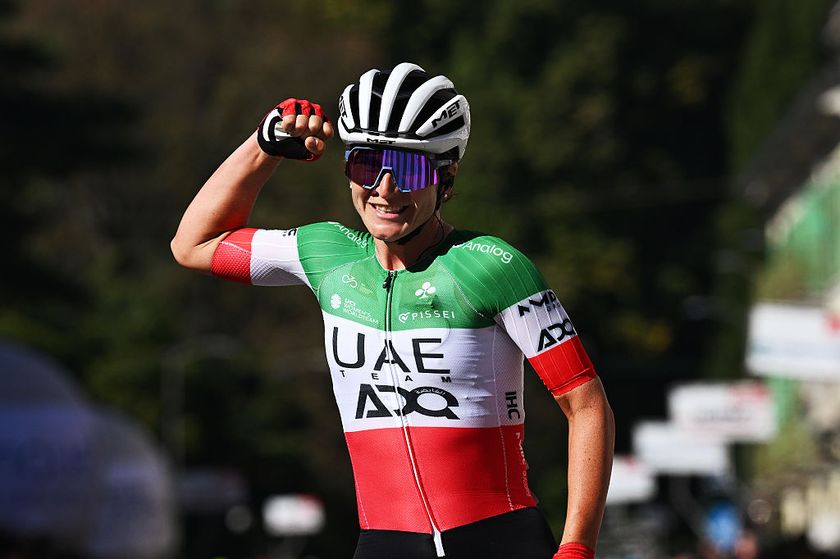VARESE, ITALY - OCTOBER 07: Elisa Longo Borghini of Italy and UAE Team ADQ celebrates at finish line as race winner during the 5th Tre Valli Varesine Women&amp;apos;s Race 2025 a 137km one day race from Busto Arsizio to Varese on October 07, 2025 in Varese, Italy. (Photo by Dario Belingheri/Getty Images)
