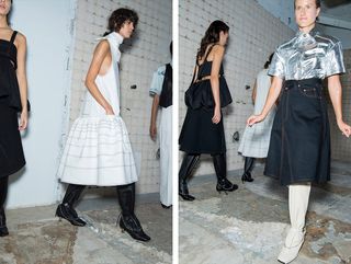 Models wear white ruffle dress with black leather boots and denim skirt with metallic short sleeve shirt and white leather boots
