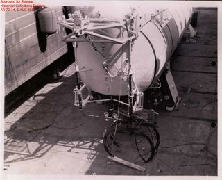 The Trieste II bathysphere with recovery hook attached was used to retrieve the sunken HEXAGON recovery vehicle in 3 secret attempts 1971-72. Image released August 8, 2012.
