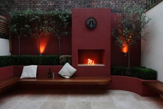 courtyard garden with built in gas outdoor fireplace