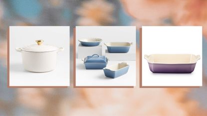 a collage image with an orange/blue background, and three of the products in the early Le Creuset Black Friday deals—a bakeware set, a stoneware pan, and a casserole pot