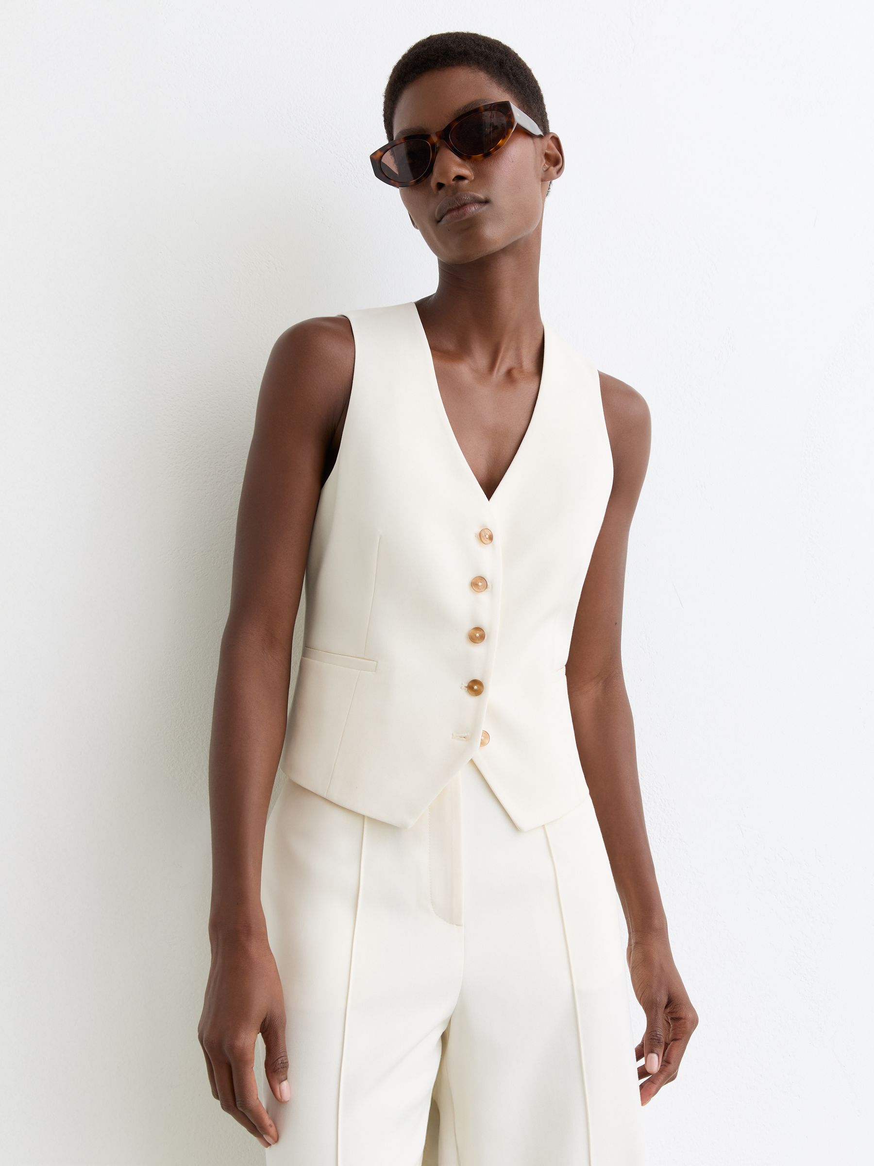 Button-Through Tailored Waistcoat in Cream - Size 4