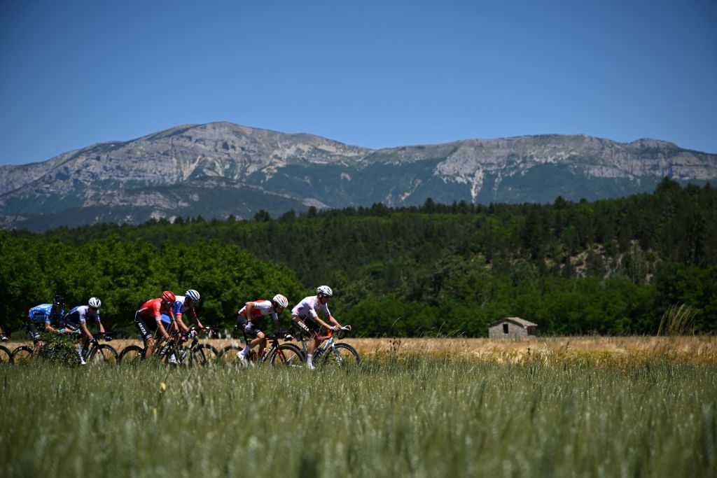 Cyclists ride in a breakaway during the sixth stage of the 74th edition of the Criterium du Dauphine cycling race 1965 km between Rives and Gap central eastern France on June 10 2022 Photo by Marco BERTORELLO AFP Photo by MARCO BERTORELLOAFP via Getty Images