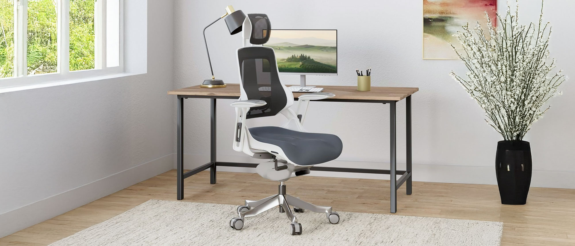 The Uplift Pursuit office chair in front of a desk