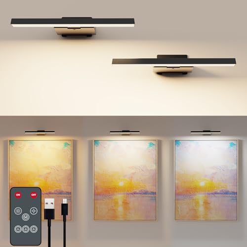 Coollamp 2 Pack Picture Lights for Wall, Cordless Rechargeable Wall Lights, Battery Operated Wall Lights With 3 Color Temp Remote Control, Cri 95+, Dartboard Light for Frames &amp;amp; Art Painting