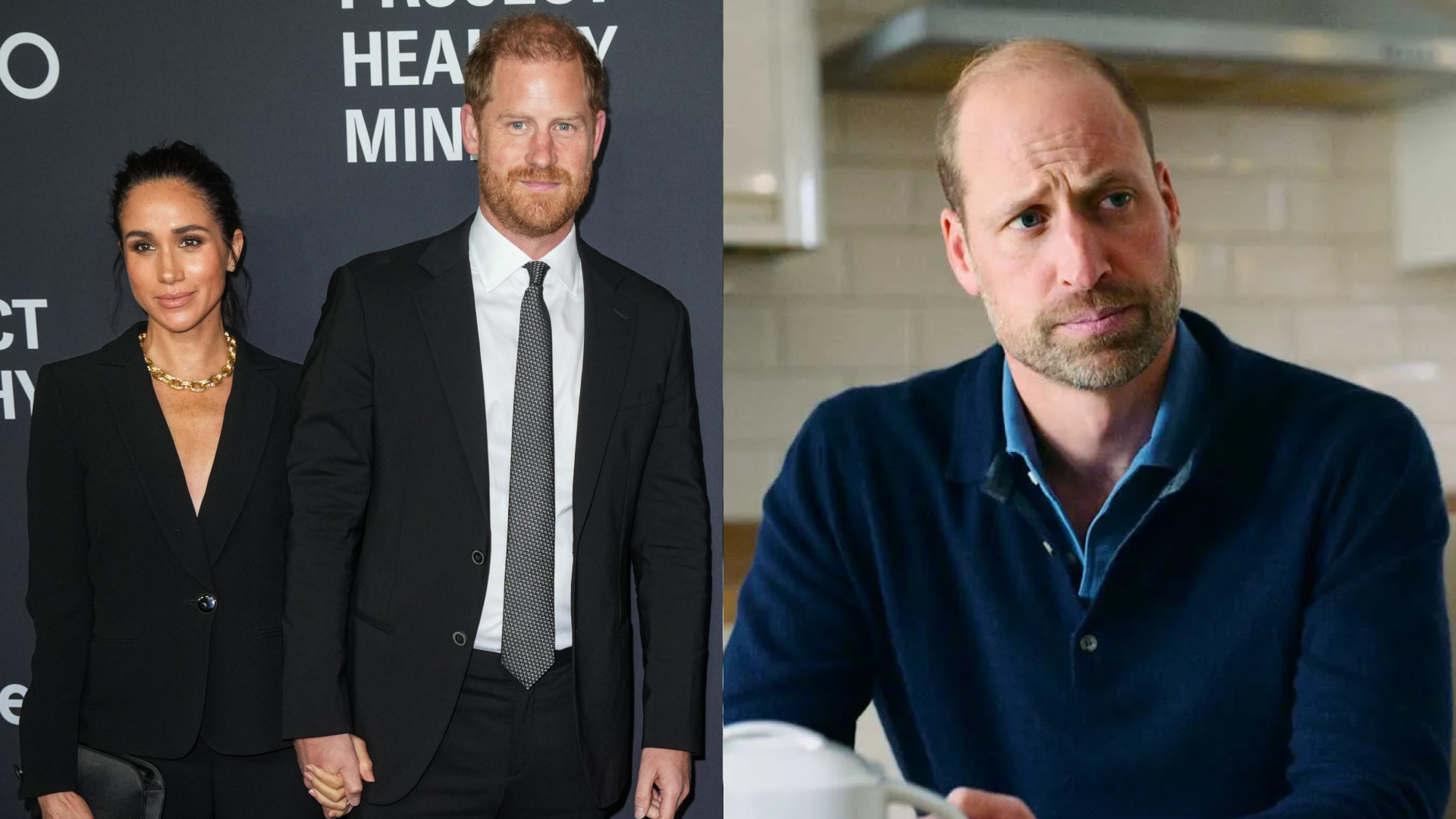 Prince Harry and Meghan Markle wearing black suits; Prince William wearing a blue sweater and fighting back tears