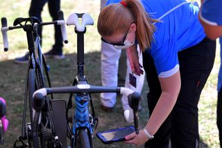 ARCIDOSSO ITALY SEPTEMBER 12 Start UCI Scan Control Check Bike Detail view during the 31st Giro dItalia Internazionale Femminile 2020 Stage 2 a 1248km stage from Civitella Paganico to Arcidosso GiroRosaIccrea GiroRosa on September 12 2020 in Arcidosso Italy Photo by Luc ClaessenGetty Images