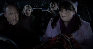 Lee, Lucy , Daisy and Tim hide in the car in Not Going Out