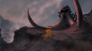 young simba and nala approaching the elephant graveyard in the lion king