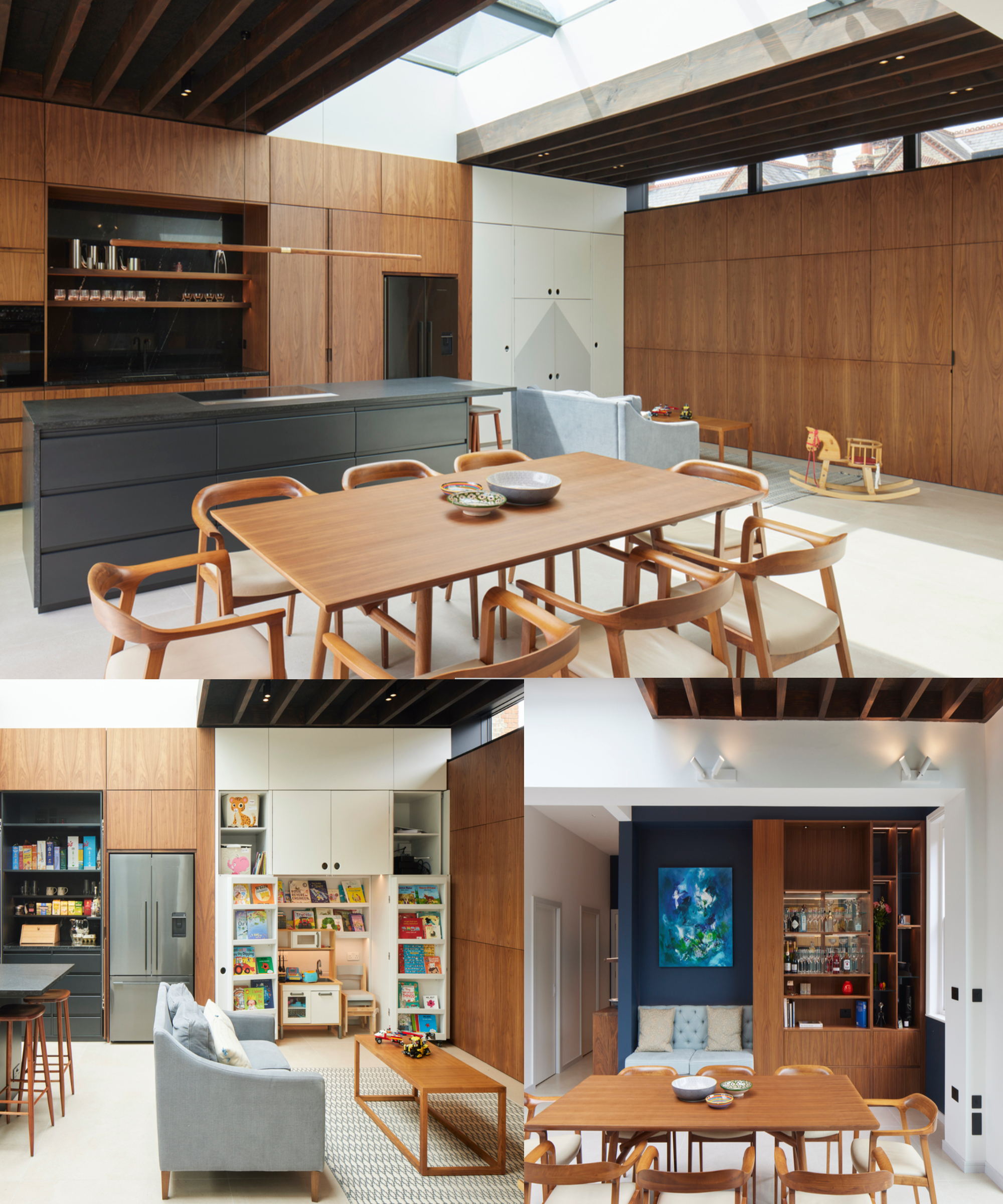 montage of kitchen extension showing areas of walnut fronted and white concealed storage open and closed