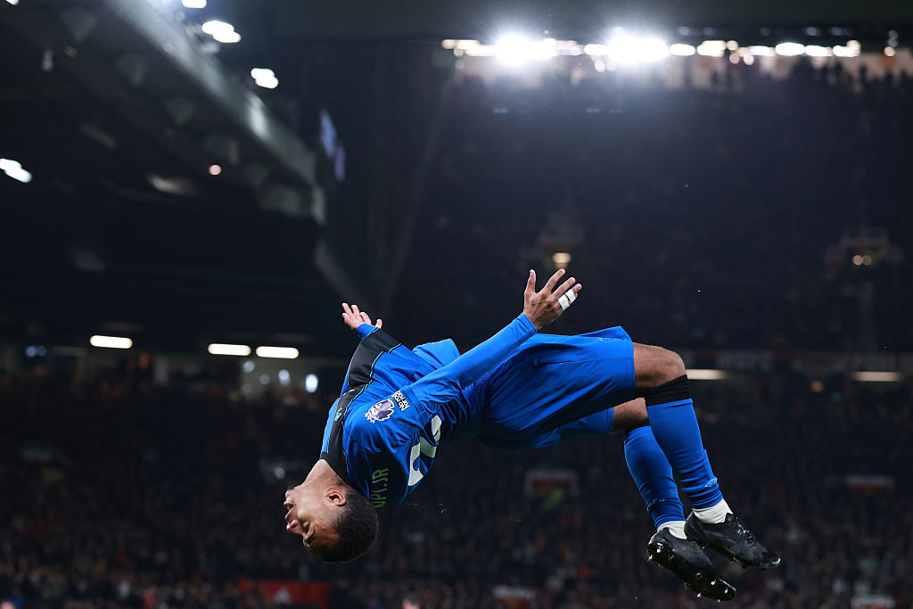 Eli Junior Kroupi of Bournemouth celebrates scoring their fourth goal during the Premier League match between Manchester United and Bournemouth at Old Trafford on December 15, 2025 in Manchester, England.