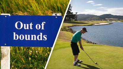 Out of bounds sign and man hitting a forced carry tee shot over water