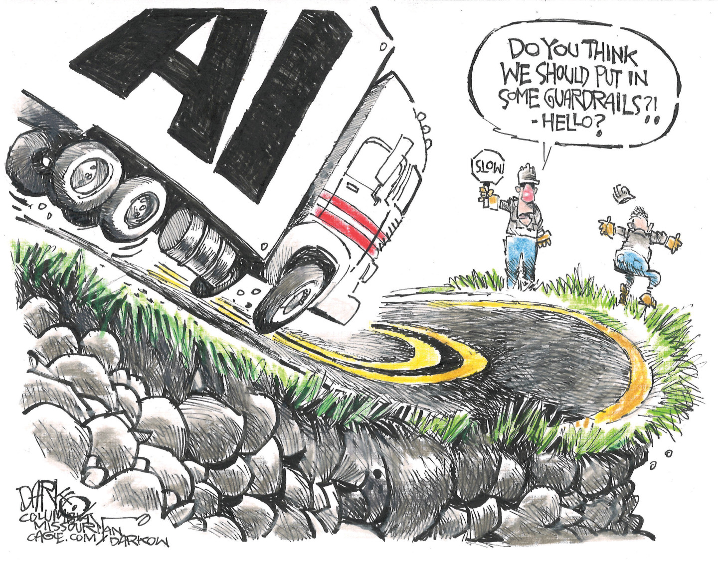 An out-of-control truck labeled &amp;ldquo;AI&amp;rdquo; careens down a road toward a hairpin corner. Two male workers are there. One jumps off the cliff and the other, who holds a sign that reads &amp;ldquo;SLOW&amp;rdquo;, says &amp;ldquo;We should put in some guardrails?! Hello?