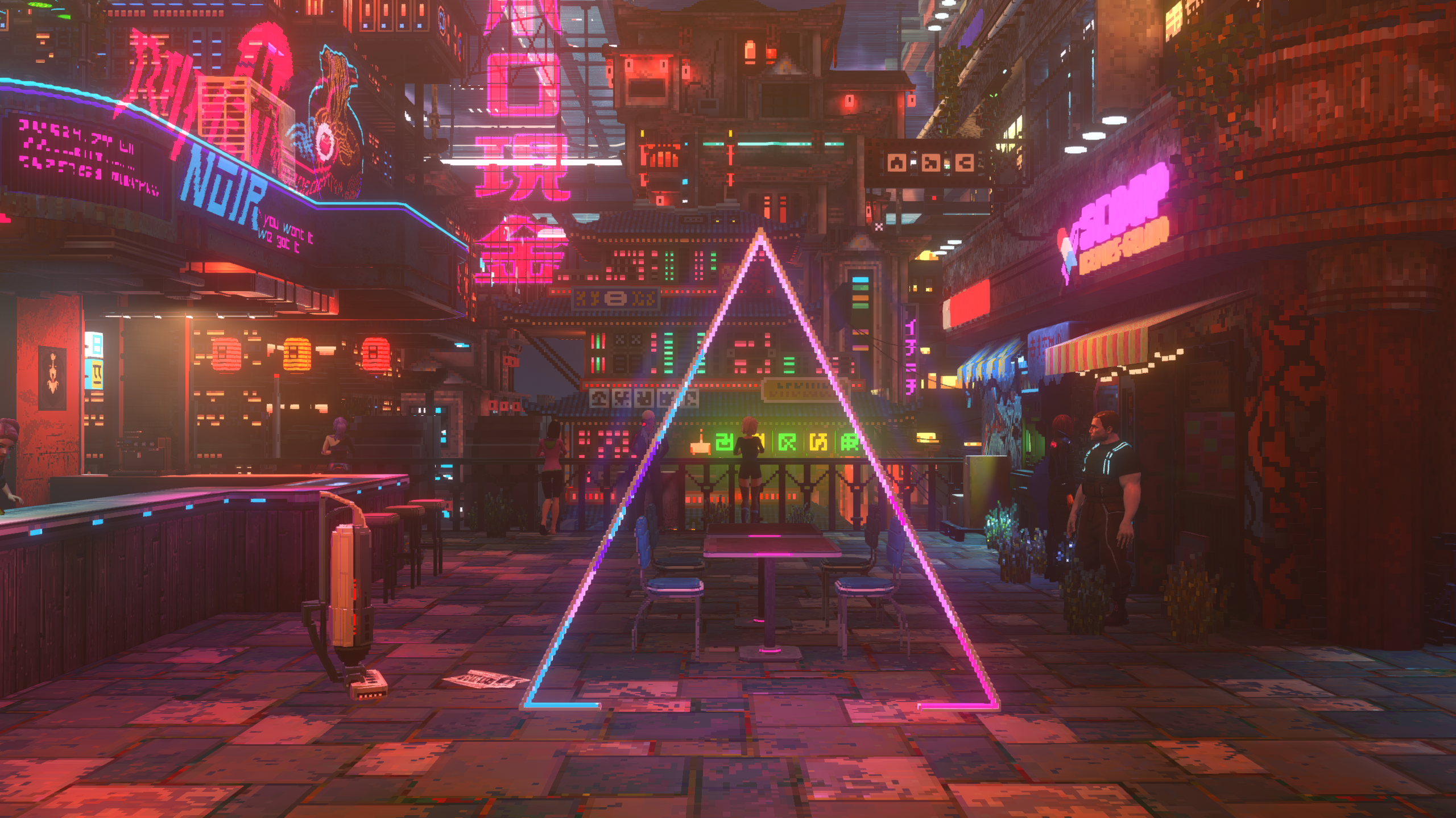 Nivalis Nights - A triangle light fuxture leading to two tables