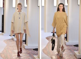 Models wear creme dress and jumper and yellow long jumper with creme trousers