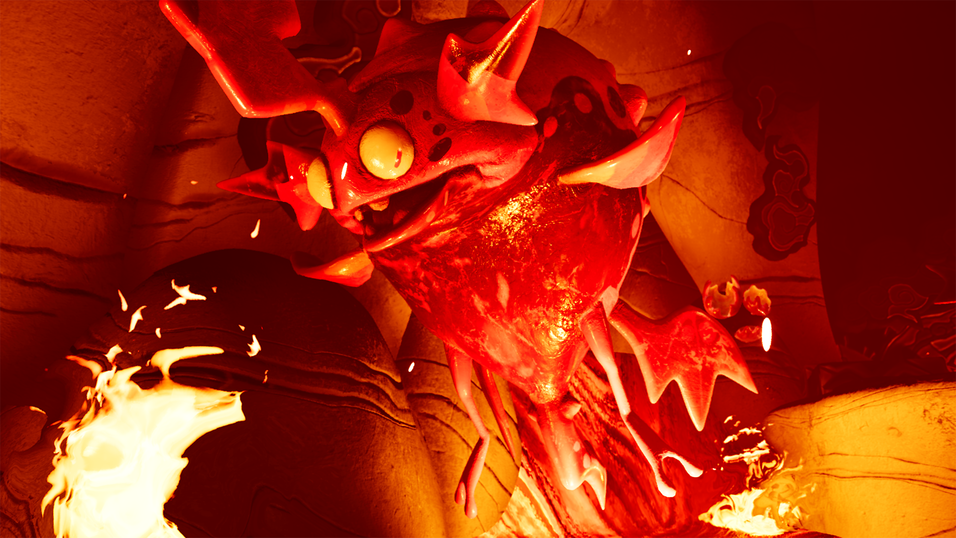 a gremlin bathed in the orange glow of a nearby fire