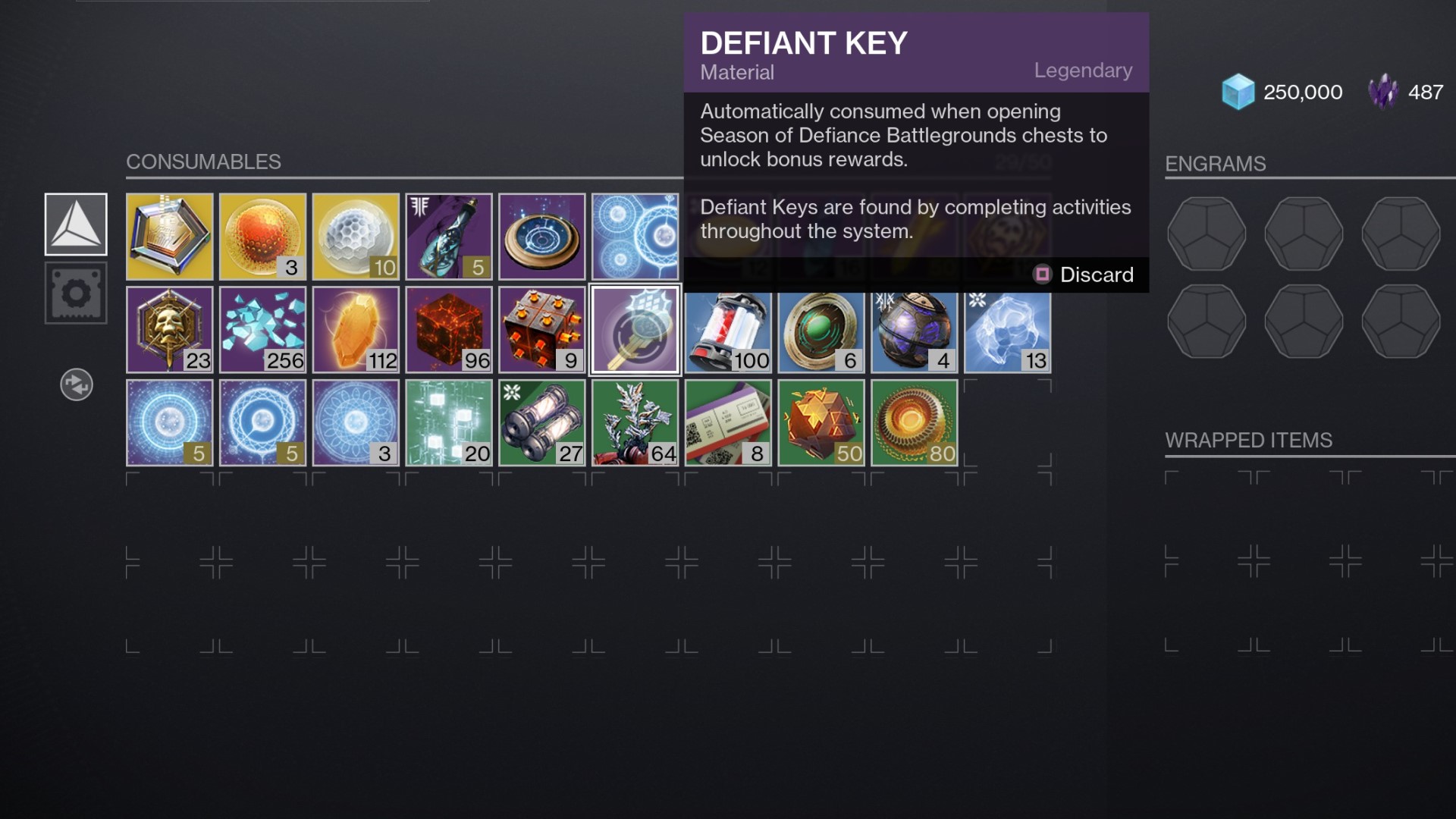 Destiny 2 Defiant Key envanterde