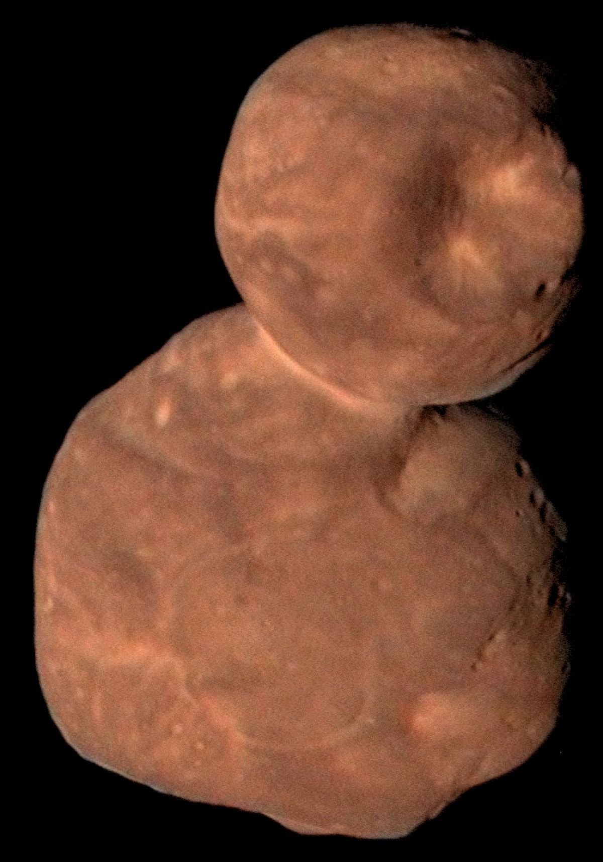 This composite image of the small Kuiper Belt object 2014 MU69, now officially named Arrokoth, was compiled from data obtained by NASA's New Horizons spacecraft as it flew by the object on Jan. 1, 2019. The image combines enhanced color data (close to what the human eye would see) with detailed high-resolution panchromatic pictures.&nbsp;