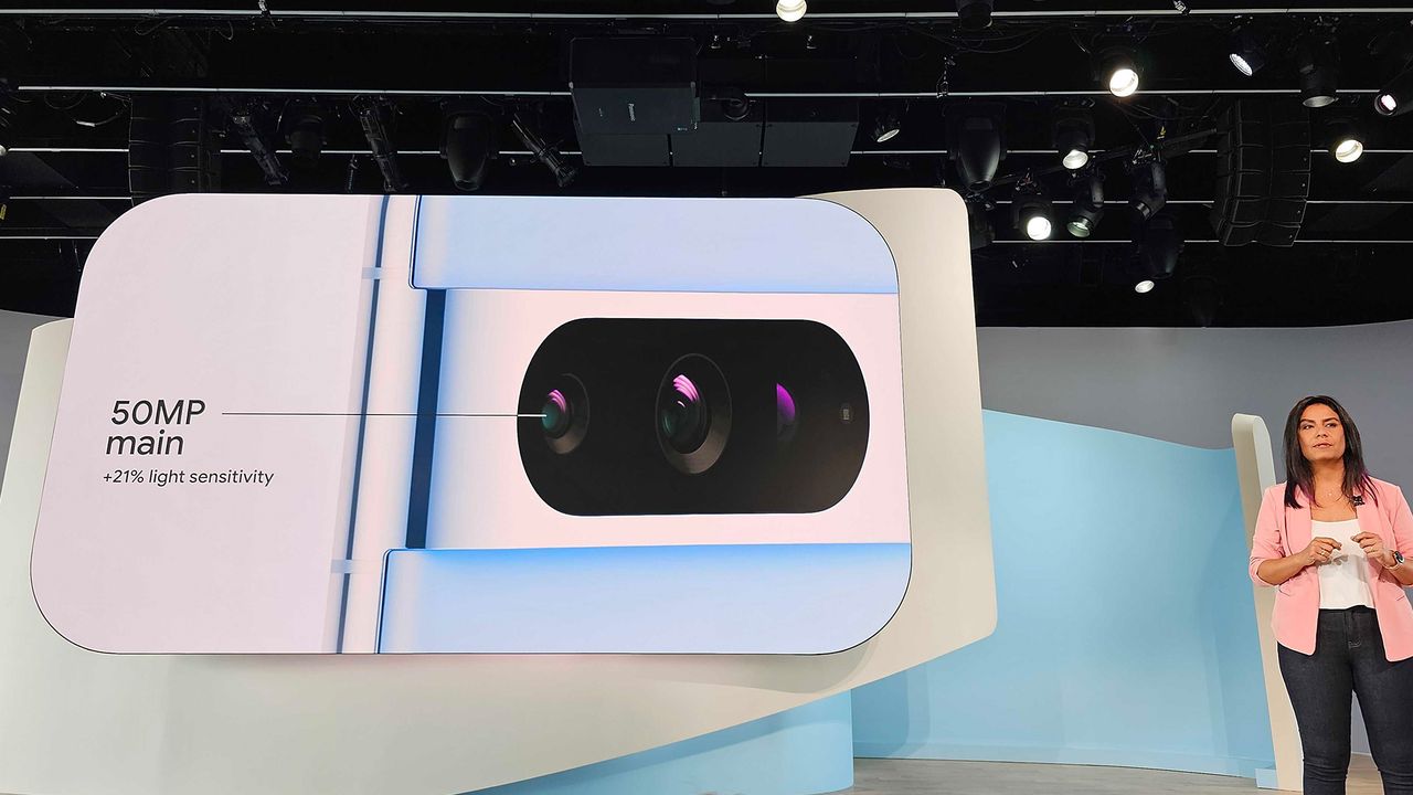 Google Pixel 8 launch on stage main camera slide