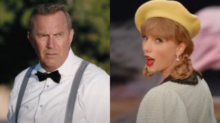 Kevin Costner in Yellowstone and Taylor Swift in her music video for Karma (side by side)