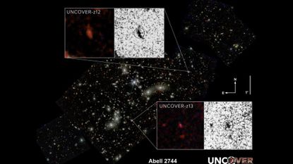 The second- and fourth-most distant galaxies ever seen (UNCOVER z-13 and UNCOVER z-12) have been confirmed using the James Webb Space Telescope’s Near-Infrared Camera (NIRCam). They are shown here as near-infrared wavelengths of light that have been translated to visible-light colors.