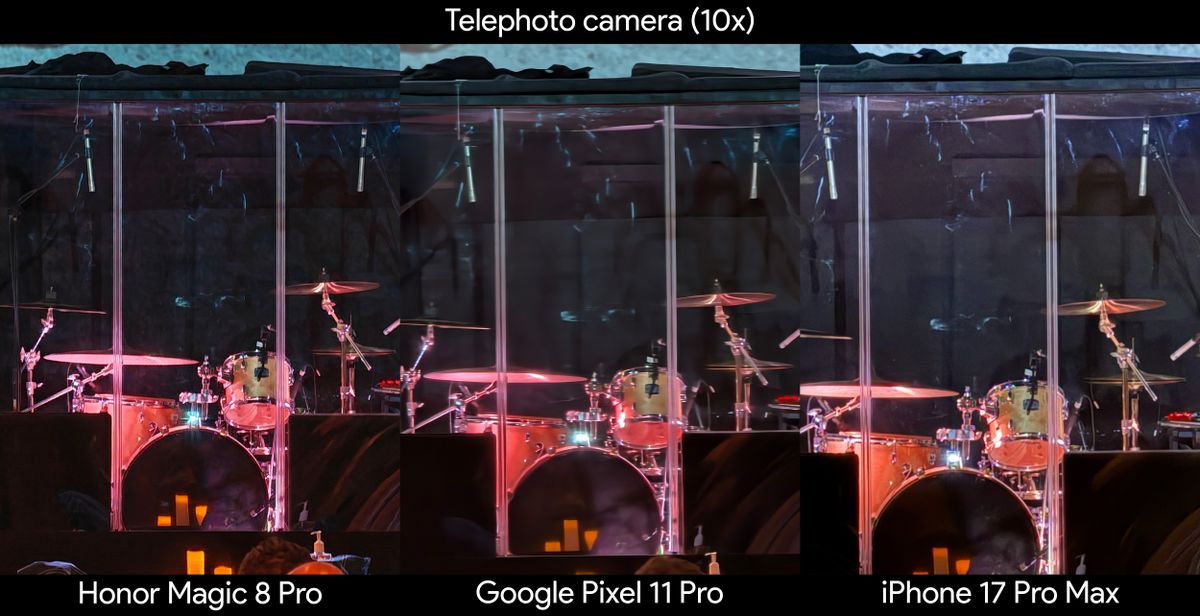 Comparing telephoto camera shots between the Google Pixel 11 Pro, iPhone 17 Pro Max, and Honor Magic 8 Pro