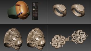 objects in ZBrush including lion's head and ring