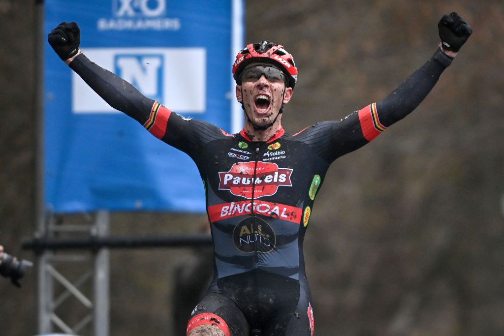 Belgian Laurens Sweeck celebrates as he crosses the finish line to win the mens elite race of the Flandriencross cyclocross cycling event stage 68 in the Trofee Veldrijden competition Saturday 22 January 2022 in Hamme Belgium BELGA PHOTO DAVID STOCKMAN Photo by DAVID STOCKMANBELGA MAGAFP via Getty Images