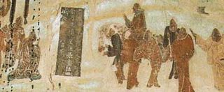 A painting of ancient traders with horses.