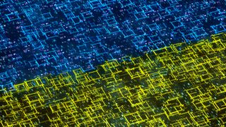 Ukraine flag made up of neon fractal elements with binary code in small text throughout denoting a cyber element