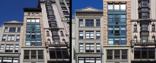 The photo on the left, taken in program auto mode, displays the vertical lines of these three Manhattan buildings as converging lines. On the right, shot in Keystone Compensation mode, I could correct this distortion.