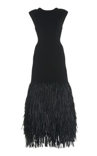 Exclusive Rushes Raffia-Trimmed Knit Midi Dress