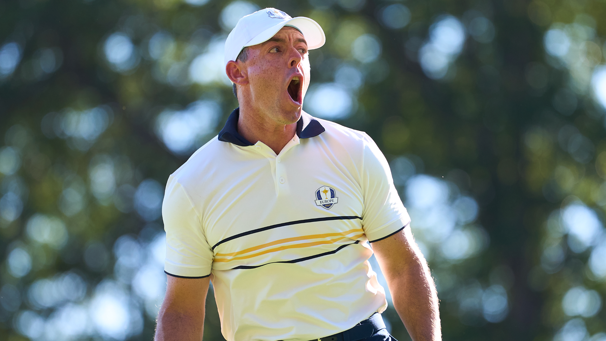 Rory McIlroy reacts to a putt at the Ryder Cup