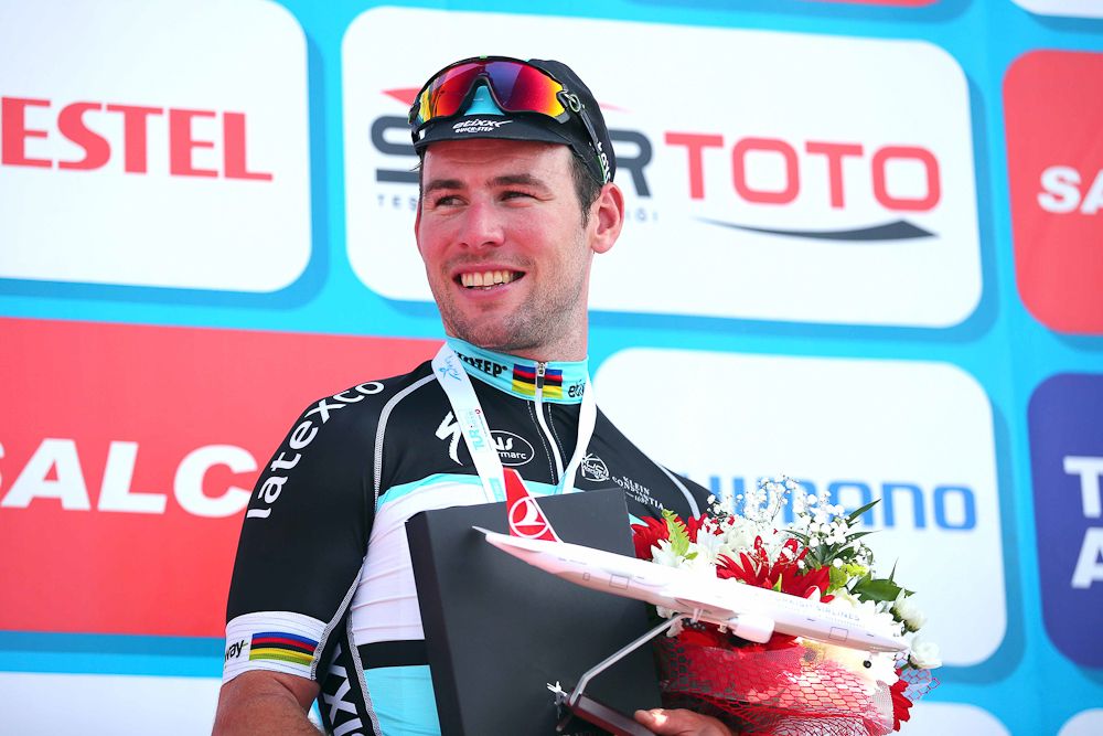 Cavendish on the podium after stage 2.