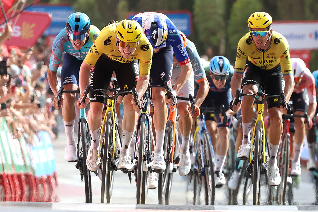 ROQUETES, SPAIN - AUGUST 26: Matthew Brennan of Great Britain and Team Visma | Lease a Bike sprints at finish line to win during the La Vuelta - 81st Tour of Spain 2026, Stage 5 a 173.3km from Falset - Costa Daurada to Roquetes - Terres de l&amp;apos;Ebre / #UCIWT / on August 26, 2026 in Roquetes, Spain. (Photo by Alexander Hassenstein/2026 Getty Images)