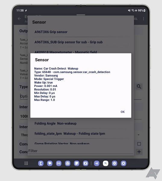 A car crash detection sensor discovered in the Galaxy Z Fold 5.