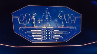 The Team Orange roster on display in the Tron Lightcycle Run queue.