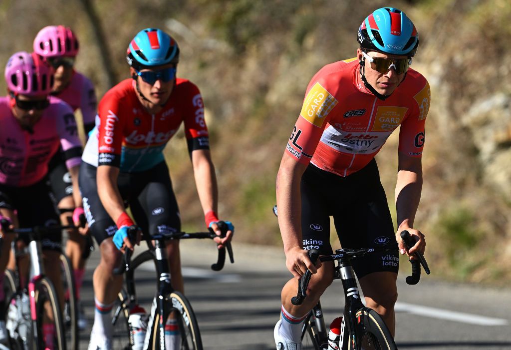 BESSEGES FRANCE FEBRUARY 03 Arnaud De Lie of Belgium and Team Lotto Dstny Orange leader Jersey competes during the 53rd Etoile de Besseges Tour Du Gard 2023 Stage 3 a 16971km stage from Bessges to Bessges EDB2021 on February 03 2023 in Besseges France Photo by Luc ClaessenGetty Images